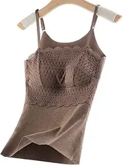 [ANTIY] Elastic Thermal Underwear for Women Warm Seamless Camisoles Velvet Basic Vest Bottoming Tops with Built in Bra (Color : Khaki, Size : XXL/XX-Large)