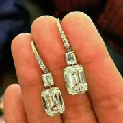 Lab-Created Drop/Dangle Earrings White Gold Plated 2Ct Emerald Cut Diamond