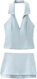 [Generic] Women Open Back Fitted Halter Top and Low-Rise Side Zip Two Pieces Sets