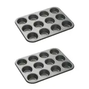 2x Mastercraft 35x27cm Heavy Base 12-Cup Non-Stick Muffin Cupcake Pan Mould BLK