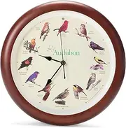 Mark Feldstein Audubon Singing Bird Wall Clock, Cherry Finish Wood Frame 13 Inch