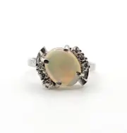Lady's Vintage 1970s Australian Opal & Diamond Ring 14kt White Gold Sz 6.5