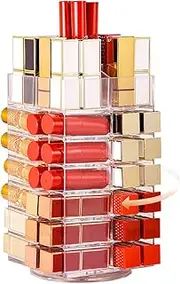 Acrylic Lipstick Tower Holder - 360 Degree Rotating Makeup Organizer With 53 Slots for Lipsticks, Lipgloss, and Brushes