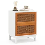 Giantex Bedside Table Rattan Nightstand Boho Accent Table w/Storage Drawers