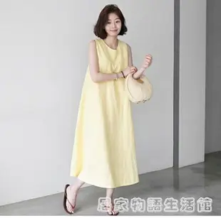 棉麻無袖背心洋裝女夏新款韓版寬鬆顯瘦亞麻文藝過膝長裙子