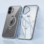 Jarttarn Transparent Phone Case Compatible with iPhone 16 Plus Case 2024, with 360 ° Rotating Bracket, Built-in Magnetic Attraction, TPU Border+PC Hard Backboard Seismic and Anti Fall (Gray)