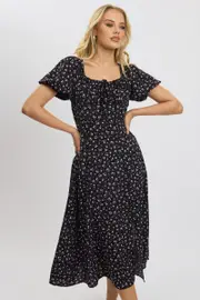 Black Ditsy Midi Dress Short Sleeve Side Split - Size 8, Women's Midi Dress