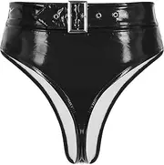 [Rswnyirn] Womens Pu Leather G-Strings Adjustable Belted Thongs Cheeky Panties Stretch T-Back Tangas