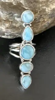 WoMens Cluster Blue Larimar Navajo Sterling Silver Ring Size 7.5 15943