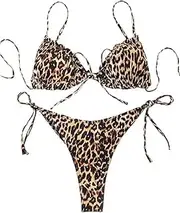 [Generic] Women's 2 Piece Bikini Sets Leopard Print Spaghetti Strap Tie Side Bathing Suit Swimsuit Swimwear