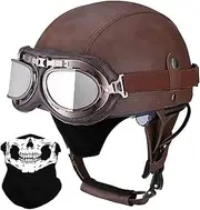 ZHGAXING Retro Motorcycle Half Helmet, Open Face Leather Motorbike Helmet, Vintage Style Half Helmet Motorcycle Scooter Helmet with Goggles DOT/ECE Certified E,S=55-56CM