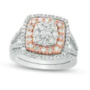 1.25 CT. T.W. Composite Natural Diamond Double Cushion Frame Split Shank Bridal Engagement Ring Set in Solid 10K Two-Tone Gold