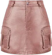 [Bkixhv] Girls' Sparkly Skirt Kids Metallic Skirt Girl Cargo Skirt Y2K Zip up Stretchy Skirt with Pocket 7-14 Years