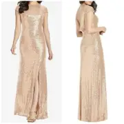 NWT Dessy Collection Cap Sleeve Cowl Back Sequin Gown With Front Slit 3043 Sz 14