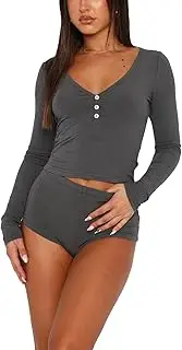 [Thopavenoir] Women 2 Piece Outfits Lounge Sets Pajamas Matching Set Long Sleeve Button Shirt Crop Top Shorts Set Tracksuit