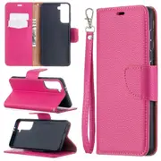 For Samsung Galaxy S21 Case Lychee Texture Folio PU Leather Wallet Cover, Kickstand, Lanyard, Rose Red