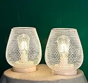 JHY DESIGN Set of 2 Metal Cage Bedside Lamps Battery Powered, Vintage Cordless Table Lamp LED Light for Living Room Bedroom Home Weddings Balcony Party Lounge Indoor Hallway Garden (White)