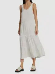 $188 Splendid Women's White Linen Mirage Scoop-Neck Tiered A-Line Dress Size S