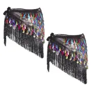 Belly Dance Hip Scarf with Tassels Sequin Coin for Party(Black, Pack of 2)