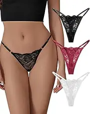 [SHARICCA] Lace G-String Thongs for Women, Adjustable, Sexy Low Rise Underwear, Breathable T-back Thongs Panties, 3 Pack