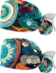 [YTYVAGT] 2-Pc,Nurse Scrub Caps,Scrub Hats with Buttons and Cotton Sweatband,Colorful Peacock Feather