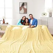 Bnuitland Oversized King 3D Jacquard Flannel Blanket 120x120 Inches, 300GSM Soft Fuzzy Leightweight for Bed,Sofa,Couch, Extra Large Fleece 10x10 Huge Blanket for Whole Family, Light Yellow