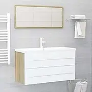 2 Piece Bathroom Furniture Set White and Sonoma Oak Engineered Wood,Stylish Bathroom Furniture Set with Ample Storage and Premium Mirror Bathroom Furniture