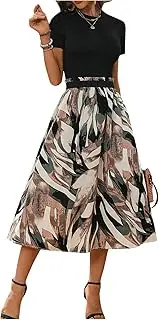 [SweatyRocks] Women's Two-Piece T-Shirt and Skirt Set 2-Piece Crew Neck Short Sleeve Tops Midi Skirts with Flower Pattern Combination Two Piece Set with Belt