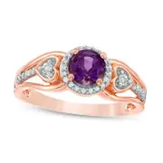 5.0mm Amethyst and 0.10 CT. T.W. Natural Diamond Frame Heart Side Accent Split Shank Promise Ring in Solid 10K Rose Gold