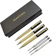 HASYEN Everyday Luxury Metal Ballpoint Pen - Gold and Black - Retractable Pen - Black Ink - Medium Point 1.0mm - Nice Pen for Men and Women - 3 Pens with 3 Extra Refills - Value Pen Set