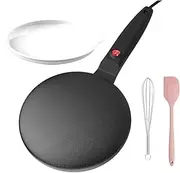 Electric Handheld Pancake Maker, 20cm Griddle Crepe Maker, Non-Stick Instant Crepe Maker, 600W Portable Crepe Maker with Long Handle Batter Bowl Auto Thermostat Control for Home Restaurant Black