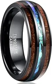 [Wozya] Tungsten Carbide Ring Comfort Fit Natural Acacia Wood Ring with Letter Opal Steel Ring for Men Wedding