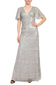 Aidan Mattox V-Neck Short Sleeve Beaded Sequined Piping Detail Zipper Back Mesh