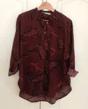 Abercrombie & Fitch Paisley Red Burgundy Tie Front Smocked Neck Blouse Top S M