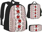 [ERCgad] Ukrainian Embroidery Style Rose Print Canvas 3-In-1 School Bags Set Backpack Lunch Bag Pencil Case Combo For Men Women, Black, One Size