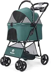 Pet Stroller 4 Wheels Dog Cat Stroller for Small Medium Dog Cats Carrier Jogger Travel Foldable Puppy Stroller with Storage Basket and Cup Holder (Dark Green)