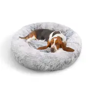 Comfy Plush Pet Calming Bed Soft Warm Round Nest Non-Slip Washable for Cats Dogs Light Grey S:70x70x20cm