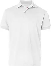 [Hanes] Youth Short Sleeve Knit Tag-Free Label Polo Jersey, White, Large