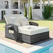 PE Wicker Patio Outdoor Daybed, 2-Person Reclining Daybed with Adjustable Back and Cushions, Patio Conversation Sunbed, Double Chaise Lounge with 2 Retractable Side Trays, White