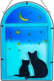 Cat Themed Stained Glass Window Hanging, Handmade Stained Glass with Metal Chain