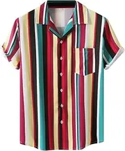 [Generic] Men's Striped Printed Front Button Shirts Fashion Casual Beach Shirt Lapel Short Sleeved Pajama Tops for Men