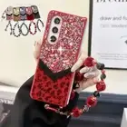 For Samsung Galaxy Z Fold 6 5 4 3 Bling Leopard Pattern Plush Case+ Bracelet