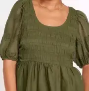 NWT Women's Old Navy Fitted Puff Sleeve Smocked Chiffon Top Sz M Conifer Blouse