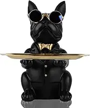 Modern Decor Resin Bulldog Tray Statue Storage Key Holder Candy Jewelry Earrings Suitable for Home Art Dining Table Office Small Object (Black)
