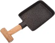 Non-Stick Frying Pan Grill Pan with Wooden Handle Dishwasher Oven Safe Household Cookware for Grilling Fat Drain Off Roasting Sautéing-Schwarz