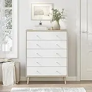 Merryluk Dresser for Bedroom Chest of Drawers Tall Dresser with 5 Drawers Dresser for Closet Boho Clothes Storage Large Nightstand Sets for Living Room Hallway Nursery Entryway - Oak White