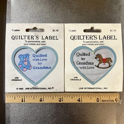 2 Quilter’s Labels Quilted With Love By Grandma. 100% Polyester Washable. JHB
