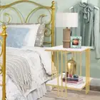Durable Marble Side End Table Bedside Nightstand Tables with Shelf & Gold Frame