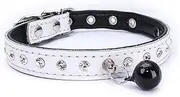 Puppy Concepts Genuine Leather Pet Dog Cat Puppy Adjustable Buckle Collar Rhinestone Bell Bling (White S)