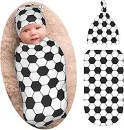 Soccer Baby Stuff Swaddle Blanket with Beanie Set, Soft and Stretchy Soccer Print Baby Blanket Swaddle Sack for Boy and Girl